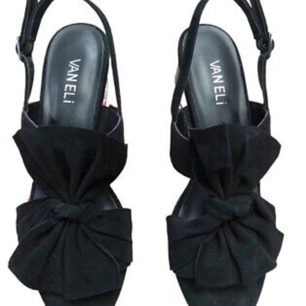 Vaneli Black Suede Open Toe Slingback with Bow Sandals. Size 6.5